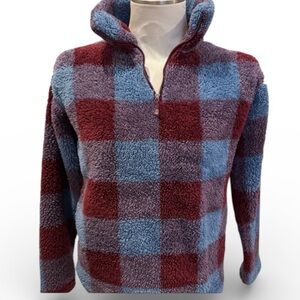 Eddie Bauer Sherpa Fleece Pullover Plaid Half Zip Women’s Small Blue Wine EUC